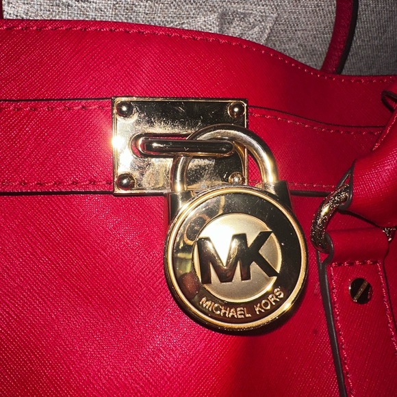 Red leather shoulder bag top handle satchel bag Michael Kors Hamilton purse - Picture 12 of 13